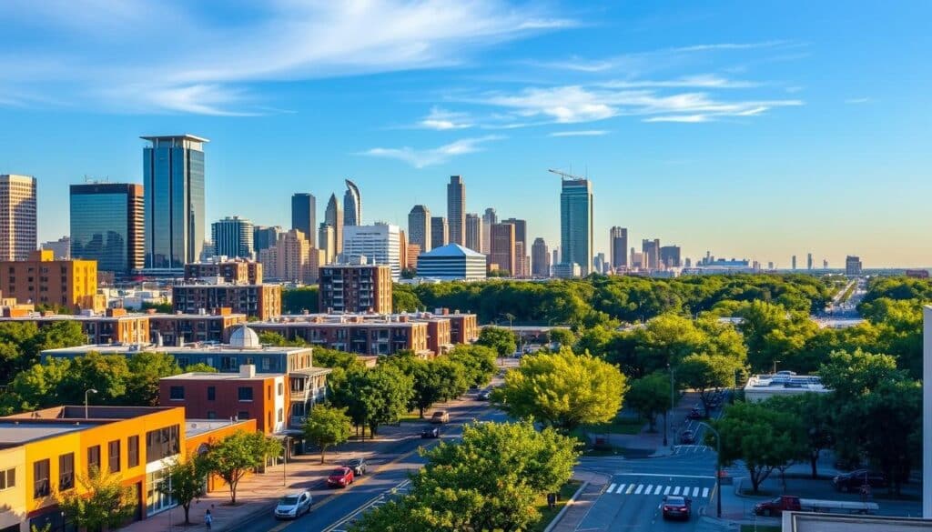 A bustling city skyline with modern high-rise buildings and residential townhomes in the foreground, bathed in warm golden light. In the middle ground, a busy street with cars and pedestrians, showcasing a mix of commercial and residential properties. In the background, lush green trees and a clear blue sky create a picturesque urban landscape. The scene evokes a sense of thriving economic activity and a vibrant community, capturing the essence of residential and commercial rental strategies in Houston, Texas.