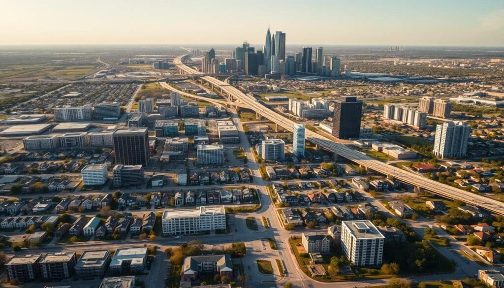A bustling cityscape of Houston, Texas, captured in a wide aerial view. The foreground showcases a vibrant real estate market, with a mosaic of residential and commercial properties in various stages of development. Sleek high-rises and modern townhomes stand alongside well-established neighborhoods, hinting at the dynamic nature of the city's growth. In the middle ground, a network of highways and thoroughfares weaves through the urban landscape, connecting different districts. The background is dominated by a striking skyline, with the iconic silhouettes of iconic landmarks like the Williams Tower and the JPMorgan Chase Tower. The scene is bathed in warm, golden hues, suggesting a thriving economy and a sense of prosperity. The overall composition conveys the complexity and vitality of Houston's real estate market and its potential for future growth.