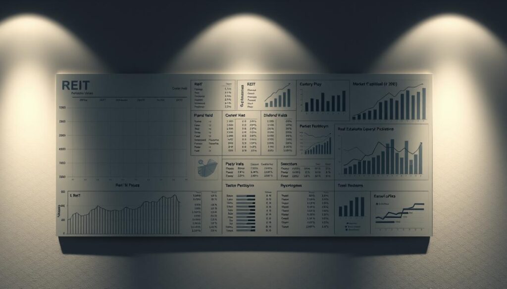 A complex data visualization depicting real estate investment trust (REIT) performance data. Rendered against a sleek, minimalist background with muted tones. The foreground features a detailed line graph charting REIT index values over time, with clean annotations and gridlines. The middle ground showcases neatly arranged tables and charts analyzing key REIT metrics such as dividend yields, market capitalization, and sector breakdowns. The background subtly hints at the broader economic landscape with faint financial icons and subtle textures. Lit by soft, directional lighting that casts dramatic shadows, creating depth and emphasizing the analytical nature of the content.