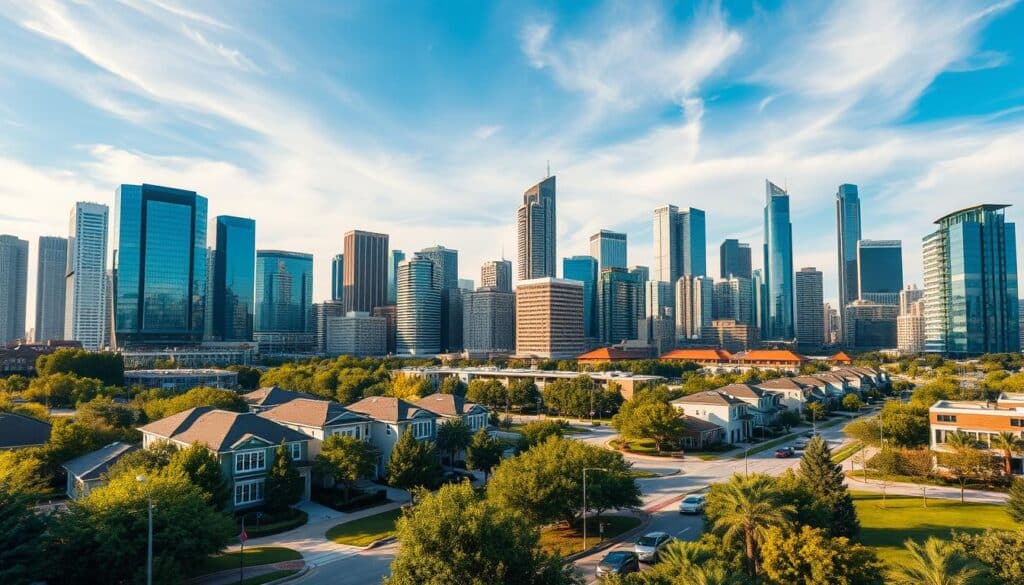 A modern cityscape of Houston, Texas, with towering skyscrapers and sleek high-rise apartments against a backdrop of a vibrant, azure sky. In the foreground, lush greenery and well-manicured lawns surround newly constructed residential homes, showcasing the latest trends in Houston's thriving real estate market. Midground features a bustling street scene, with pedestrians and vehicles navigating the dynamic urban landscape. The lighting is soft and warm, creating a welcoming, prosperous atmosphere. Captured with a wide-angle lens to encompass the expansive scope of Houston's real estate development.
