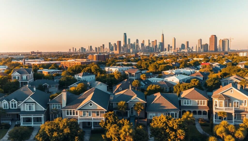 A panoramic view of a thriving Houston neighborhood, showcasing a diverse array of real estate case studies. In the foreground, meticulously landscaped homes with unique architectural styles, ranging from modern sleek to classic Southern charm. The middle ground features a mix of commercial and residential properties, each with a distinct character that tells a story of the area's growth and evolution. In the background, the iconic Houston skyline stands tall, a testament to the city's dynamic real estate landscape. The scene is bathed in warm, golden light, creating a sense of prosperity and opportunity. A cinematic wide-angle lens captures the entire tableau, inviting the viewer to immerse themselves in the rich tapestry of Houston's real estate case studies.