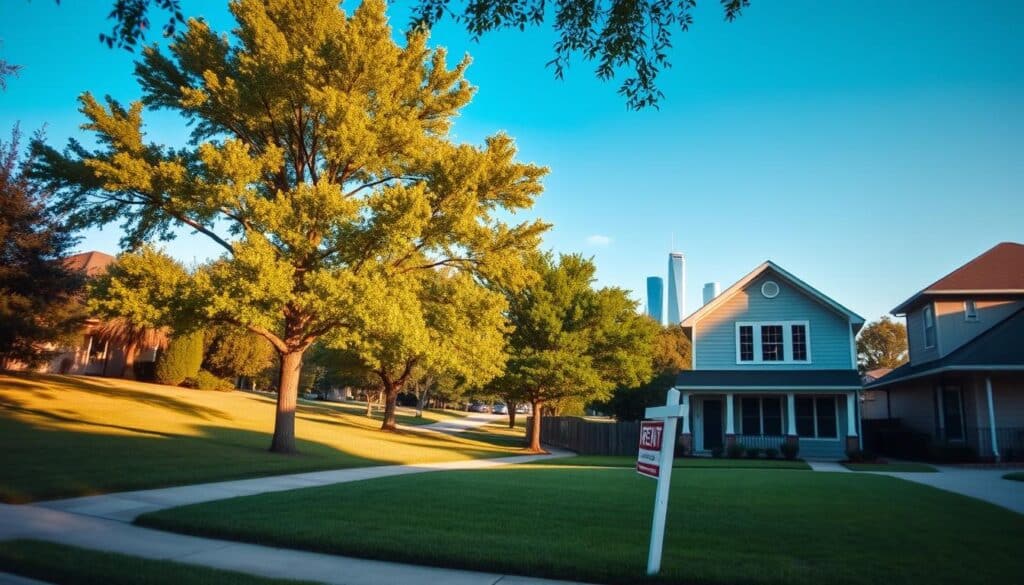 A serene suburban neighborhood in Houston, Texas, with neatly manicured lawns and well-maintained homes. In the foreground, a modern, two-story house with a for-rent sign in the yard, capturing the essence of passive income from real estate. The midground features lush, verdant trees and a clear blue sky, creating a sense of tranquility. The background showcases the Houston skyline, hinting at the potential for growth and investment opportunities. The lighting is soft and natural, casting a warm glow over the scene. The perspective is slightly elevated, allowing the viewer to take in the full scope of the passive income potential in this Houston real estate setting.