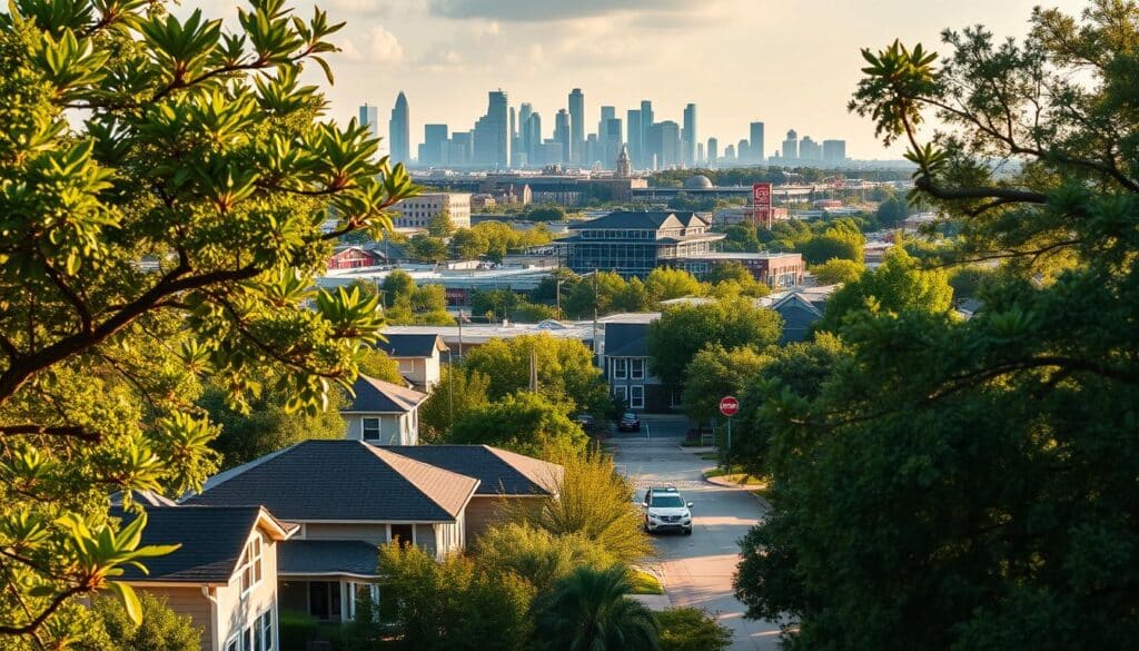 A vibrant Houston neighborhood, bustling with energy and opportunity. In the foreground, lush greenery and well-maintained homes, their property values reflecting the desirable amenities that surround them. In the middle ground, a thriving commercial district, with trendy cafes, boutiques, and recreational facilities that cater to the needs of the community. The background showcases the city's iconic skyline, a testament to the area's growth and development. Warm, natural lighting illuminates the scene, capturing the inviting atmosphere that draws homebuyers to this up-and-coming area. A lens that emphasizes depth of field highlights the harmony between the residential, commercial, and urban elements, painting a picture of a neighborhood primed for prosperity.