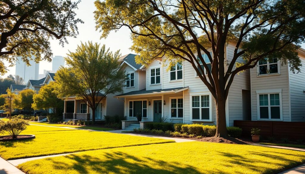 A vibrant Houston neighborhood, with sun-drenched facades of newly renovated homes. In the foreground, a well-manicured lawn and lush landscaping surround a two-story contemporary residence, its clean lines and modern upgrades evident. In the middle ground, a row of similar properties, each showcasing unique architectural details and fresh exterior paint. In the background, a glimpse of the city skyline, hinting at the thriving urban environment. The scene is bathed in warm, golden light, capturing the essence of Houston's flourishing real estate market and the potential for forced appreciation through strategic property upgrades.