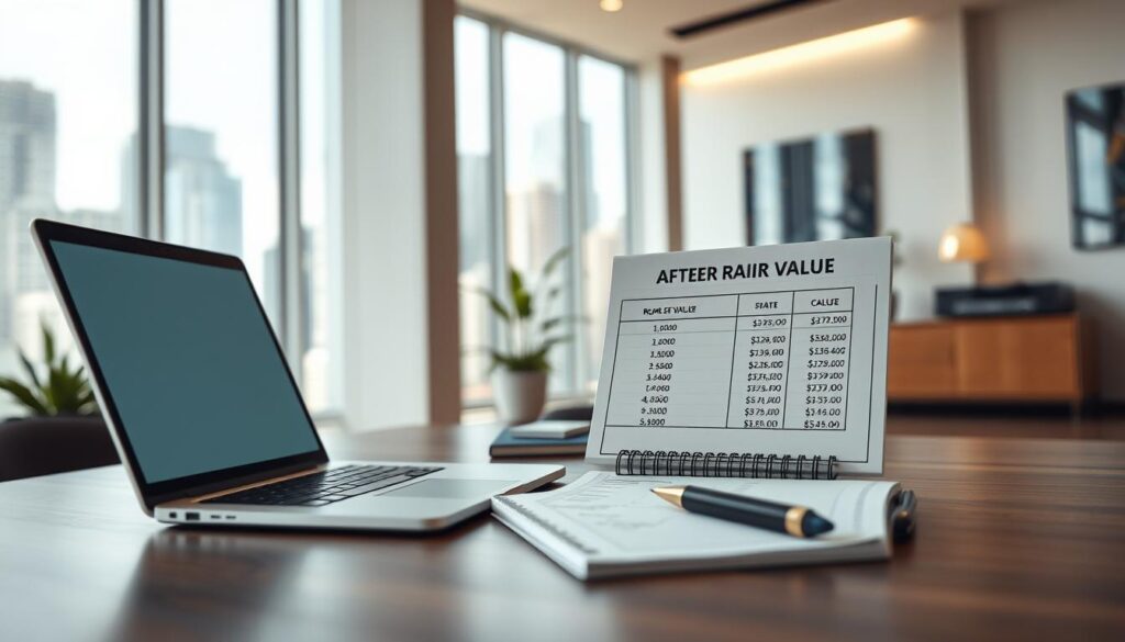 Detailed architectural rendering of an "After Repair Value" calculation in a modern, well-lit office setting. Foreground shows a desktop with a laptop, pen, and notepad displaying financial calculations. Middle ground depicts a professional setting with minimal decor, neutral colors, and large windows letting in natural light. Background showcases a cityscape of high-rise buildings, hinting at the urban context. Technical lighting creates a warm, inviting atmosphere, with a slight depth-of-field effect to draw the viewer's attention to the calculation process. Camera angle is slightly elevated to convey authority and importance of the subject matter.