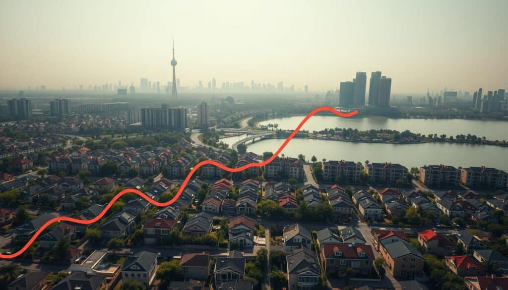 A bird's-eye view of a vibrant urban landscape, the residential housing market taking center stage. Neatly arranged rows of modern homes, each with its unique architectural charm, dotting the cityscape. In the foreground, a graph hovers, depicting the ebb and flow of home prices over time, like waves upon a shore. The middle ground showcases a mix of high-rise condominiums and single-family dwellings, their reflections dancing in the tranquil waters of a nearby lake. The background is a hazy skyline, punctuated by the silhouettes of skyscrapers, hinting at the city's dynamic growth. The scene is bathed in a warm, golden glow, evoking a sense of prosperity and stability, yet underlying tensions simmer, waiting to be uncovered.
