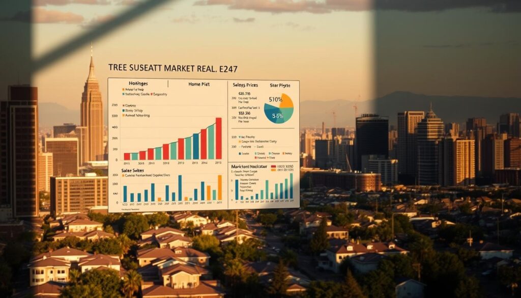 A detailed, analytical chart depicting the current state of the real estate market, showcased against a backdrop of a cityscape with skyscrapers and residential neighborhoods. The chart features clear, well-labeled data visualizations highlighting key metrics such as home prices, sales volumes, and market indicators. The scene is illuminated by warm, directional lighting, casting shadows that add depth and dimension. The overall atmosphere conveys a sense of thoughtful assessment, with a slightly muted color palette to emphasize the seriousness of the subject matter.