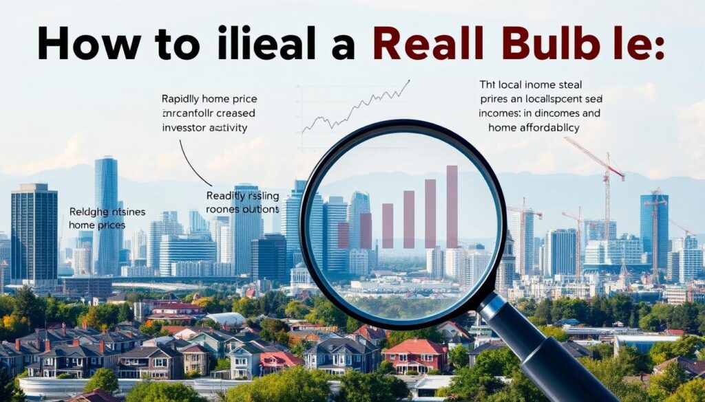 A detailed illustration of how to identify a real estate bubble, showcasing a cityscape with a mix of modern and traditional buildings, set against a backdrop of a clear sky. In the foreground, a magnifying glass hovers over a residential neighborhood, highlighting the key indicators of an overheated market - rapidly rising home prices, increased investor activity, and a disconnect between local incomes and home affordability. The middle ground features graphs and charts depicting market trends, while the background displays a bustling downtown area, with cranes and construction projects signifying ongoing development. The overall scene conveys a sense of investigation and analysis, inviting the viewer to carefully examine the local economic factors that may be contributing to a potential real estate bubble.