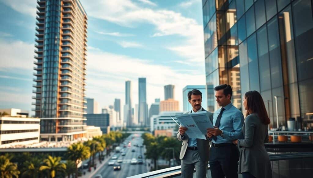 A modern high-rise office building set against a vibrant urban skyline, with a team of real estate specialists in the foreground, examining property charts and discussing strategies to avoid a potential housing bubble. Soft, diffused lighting illuminates the scene, creating a contemplative atmosphere. The specialists wear professional attire and exhibit a sense of focused determination. In the middle ground, a bustling city street with pedestrians and vehicles, symbolizing the dynamic real estate market. In the background, a clear blue sky with wispy clouds, evoking a sense of stability and optimism. The overall composition conveys the expertise and diligence required to navigate the complexities of the Houston real estate landscape.