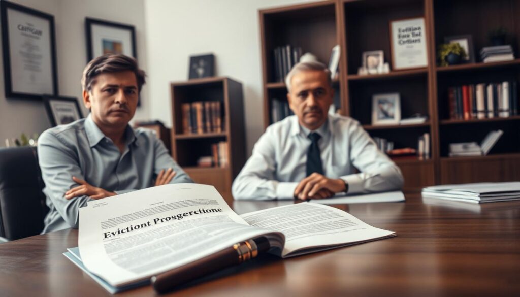 A well-lit office interior, with a calm, professional atmosphere. In the foreground, a tenant and a landlord sit at a desk, engaged in a serious discussion. The tenant appears concerned, while the landlord maintains a neutral expression. In the middle ground, a legal document lies open on the desk, representing the eviction proceedings. The background features bookshelves and framed certificates, conveying a sense of authority and legality. Soft, diffused lighting casts a warm glow over the scene, creating a sense of contemplation and deliberation. The overall composition suggests a thoughtful, nuanced exploration of the eviction process and the tenant's rights during this challenging situation.