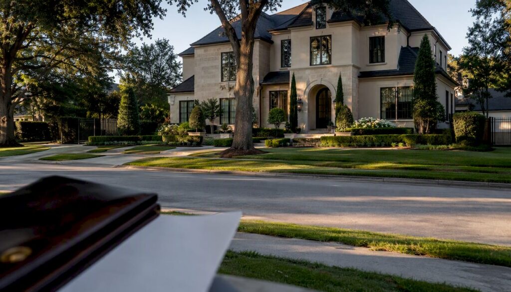 Luxury Houston home exterior with insurance documents