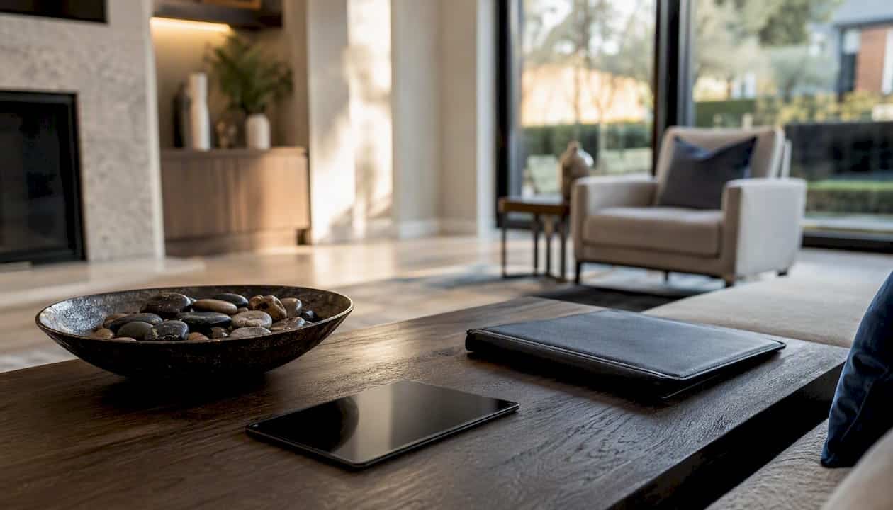 Desk with house paperweight and pen in modern home office