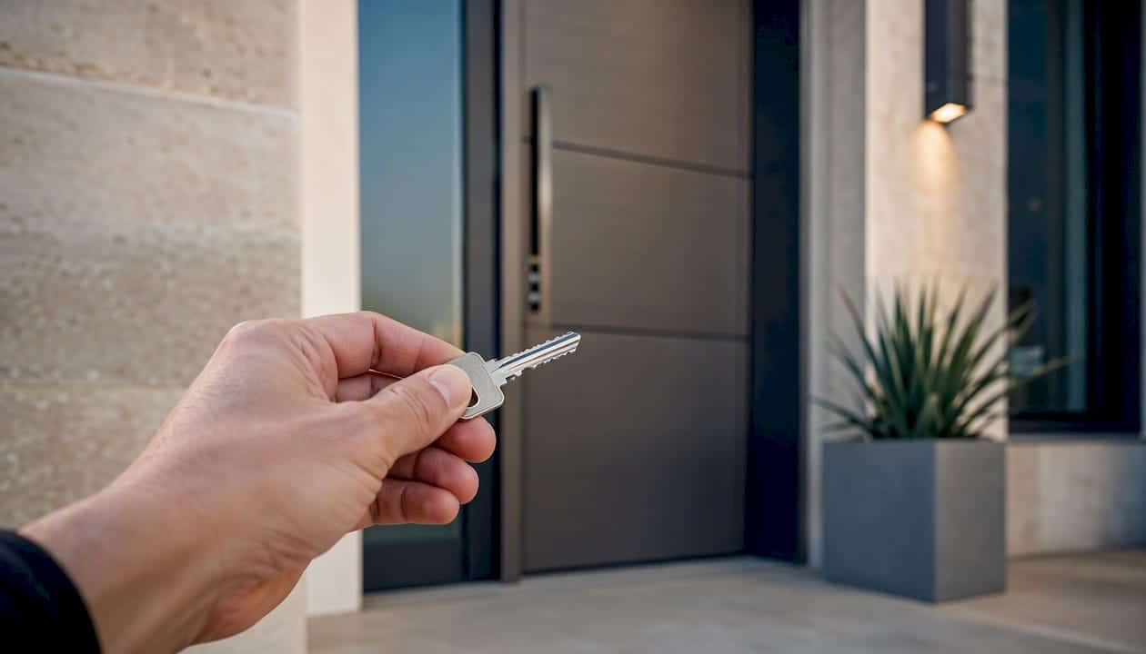 Hand holding house key in luxury home entry