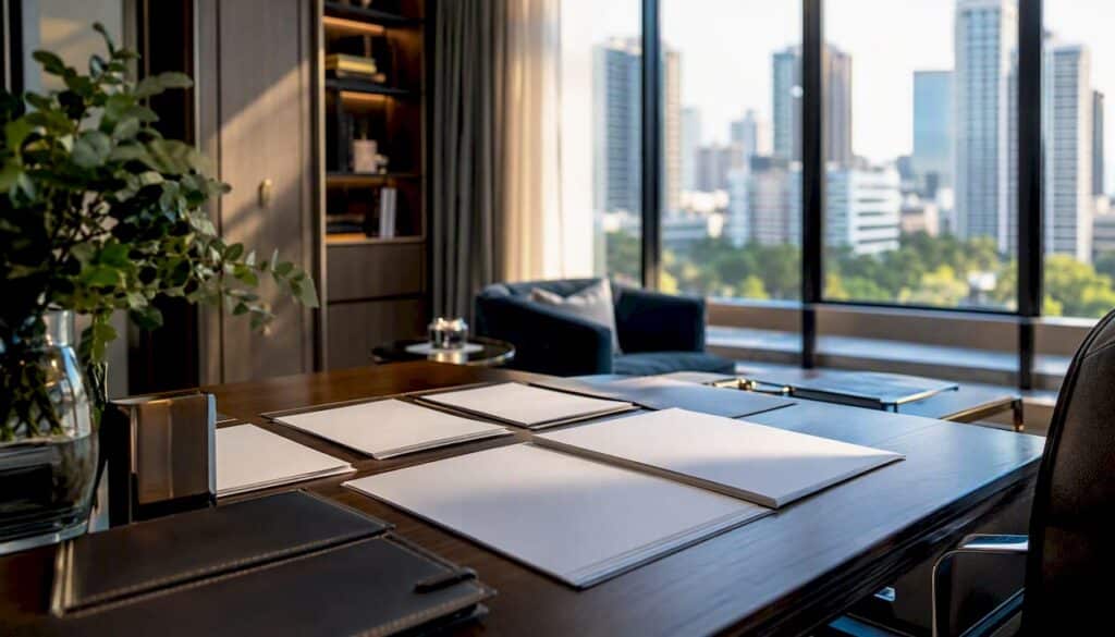 Hand organizing jumbo loan documents on desk