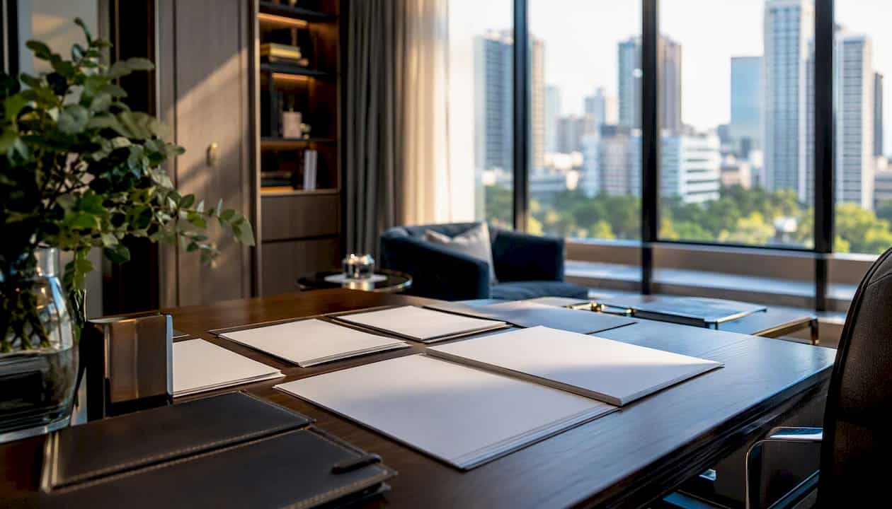 Hand organizing jumbo loan documents on desk