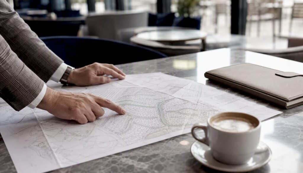 Hands pointing at Houston plat map on table
