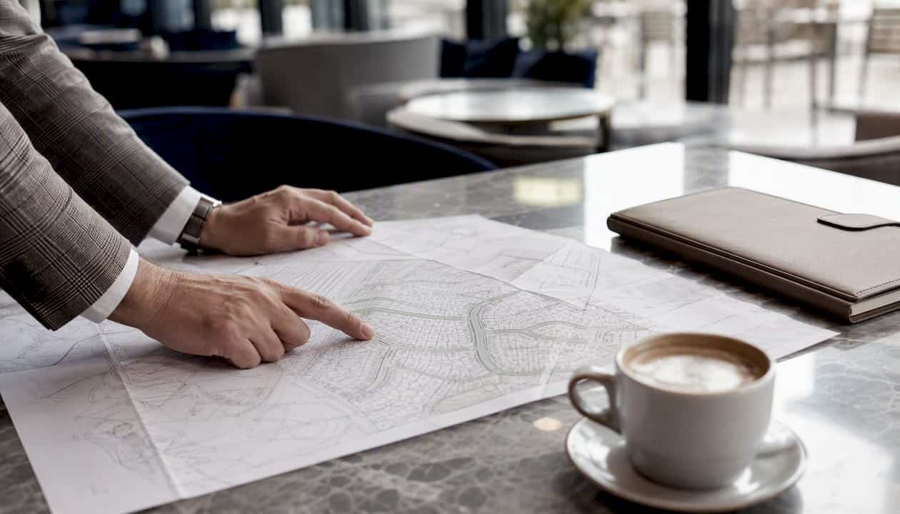 Hands pointing at Houston plat map on table