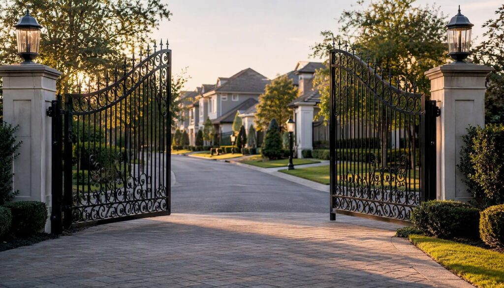 Gated luxury community entrance with upscale homes