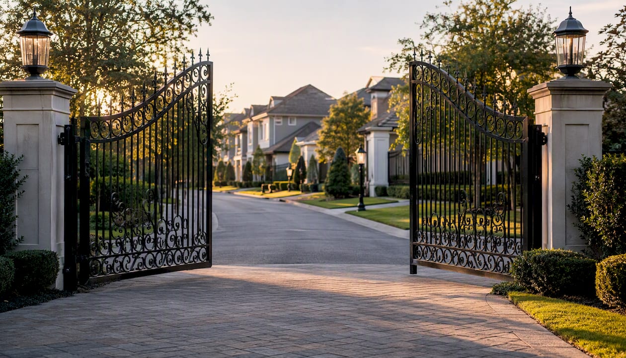 Gated luxury community entrance with upscale homes