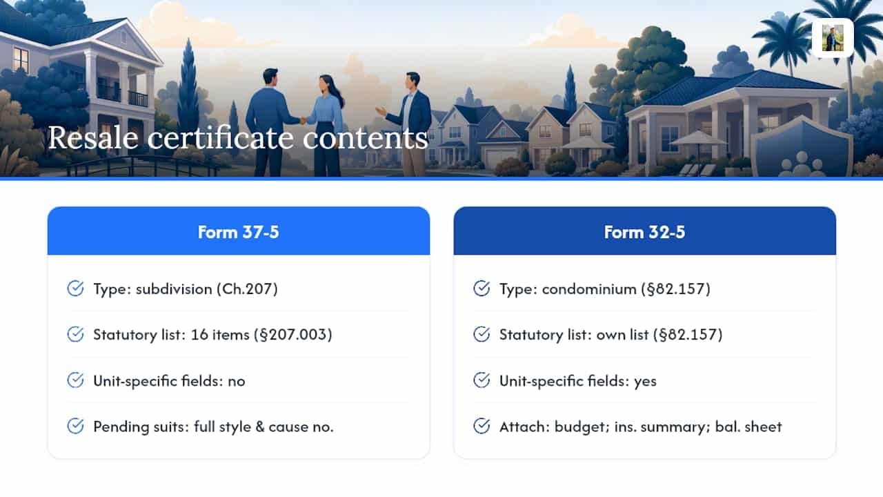 Diagram comparing Texas HOA and condo resale certificate content