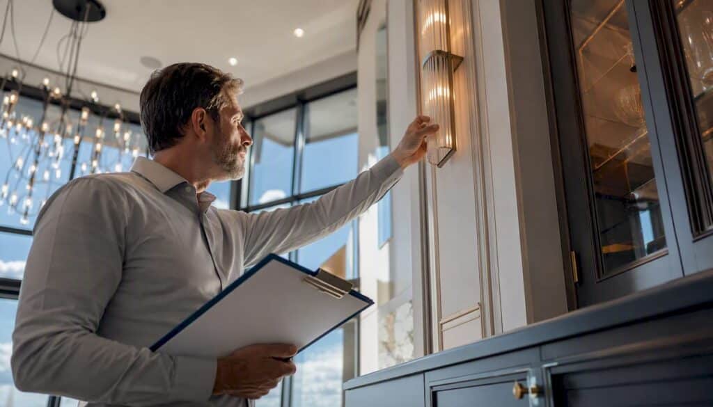 Appraiser inspecting building components inside luxury home