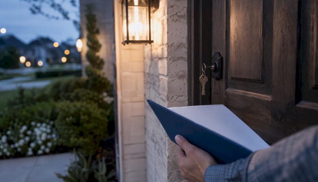 Texas suburban home doorway with exemption folder