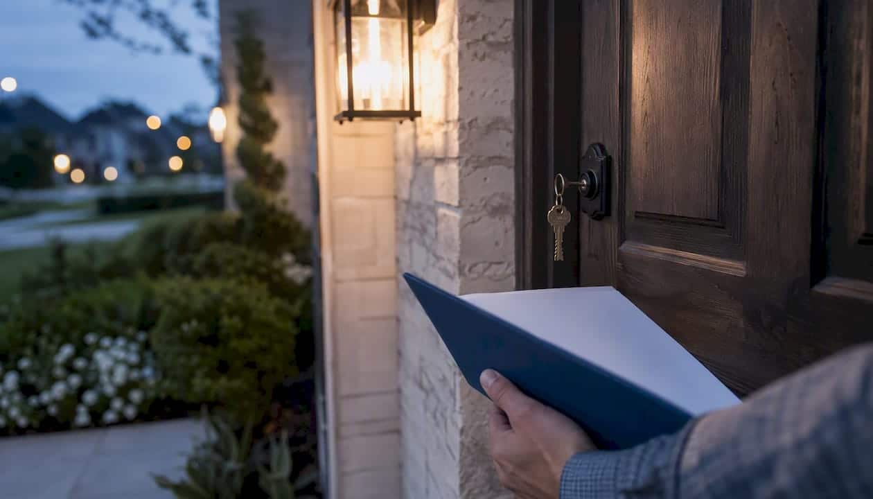 Texas suburban home doorway with exemption folder