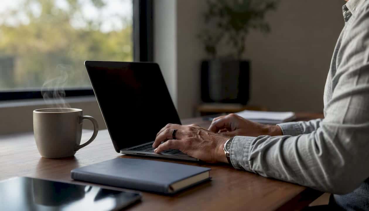 Hands entering wire transfer details in home office