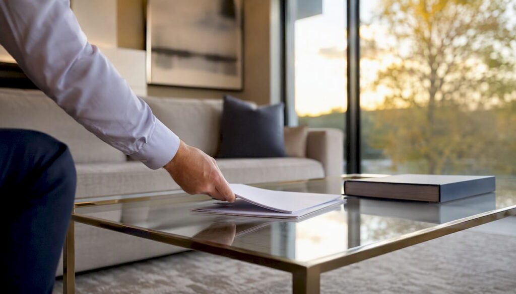 Hand placing title insurance documents on table