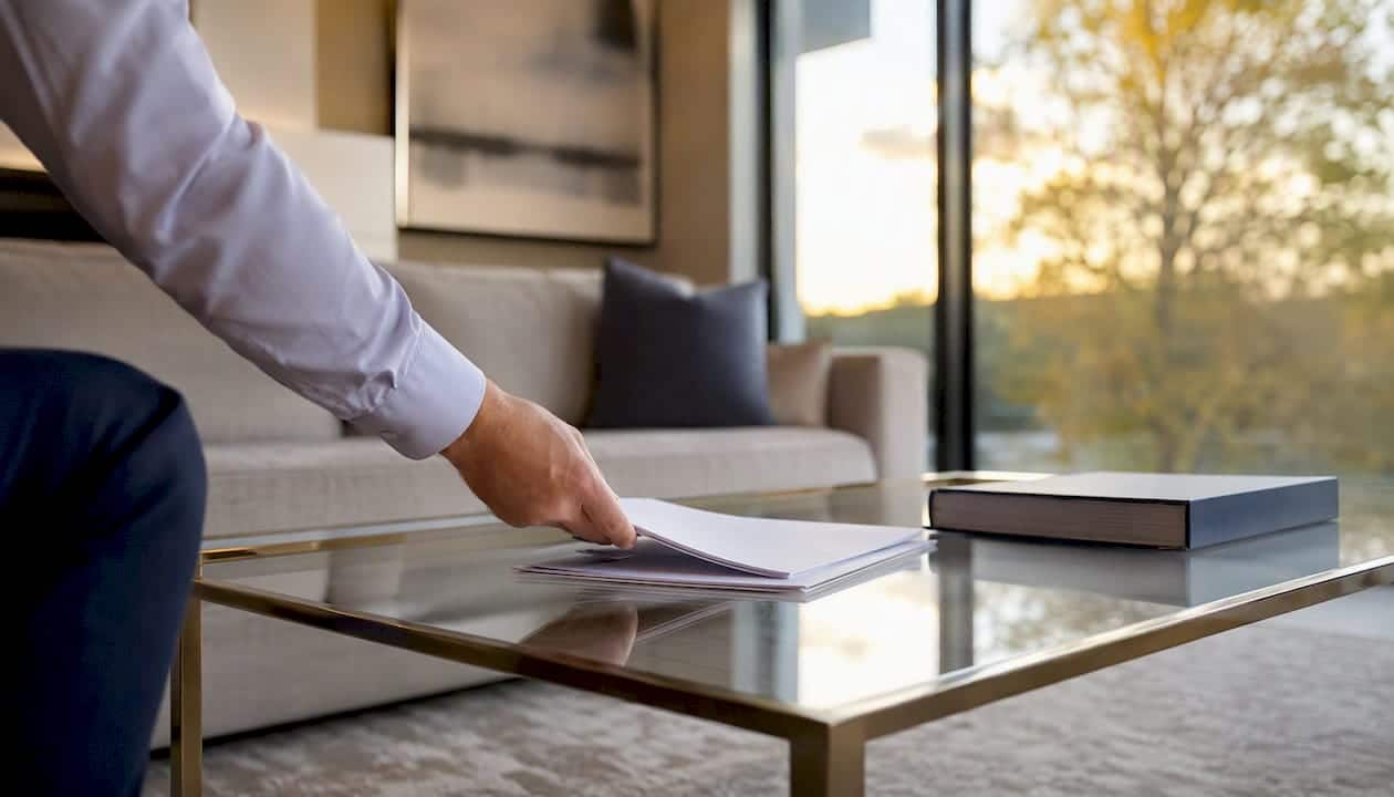 Hand placing title insurance documents on table
