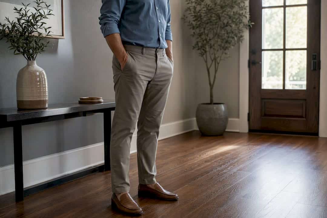 Neutral smart casual outfit for home tour