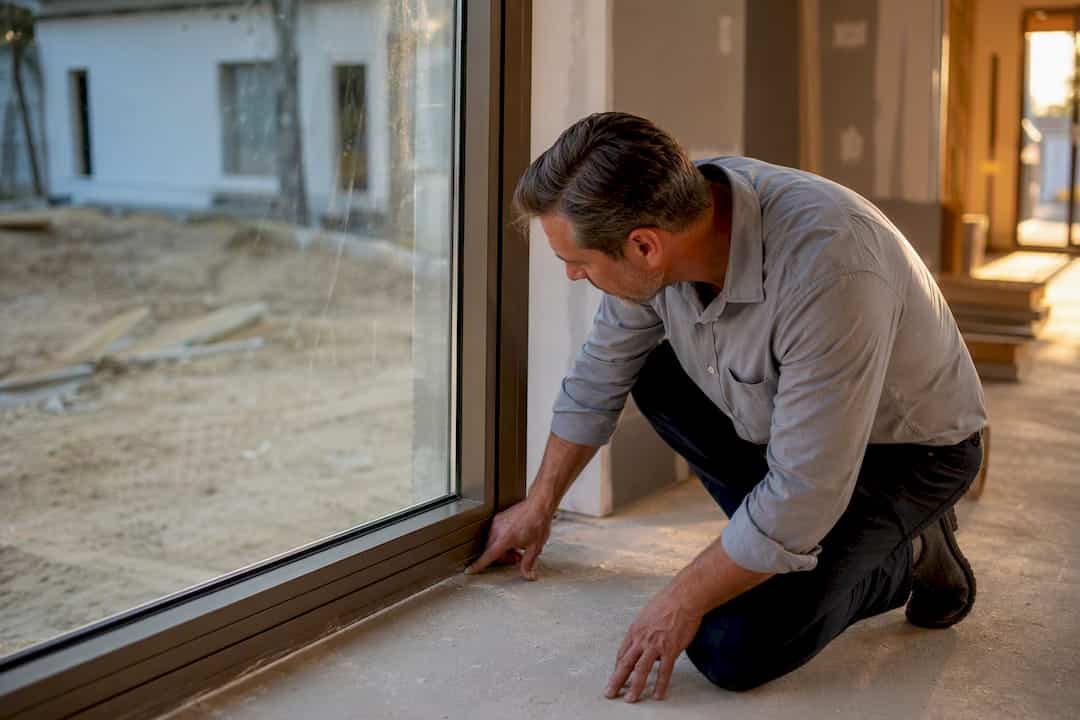 Inspector checking sealant on floor-to-ceiling window frame
