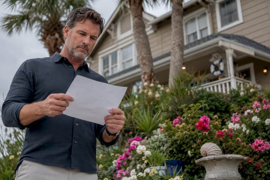 Galveston home with owner holding property tax form