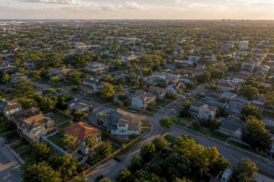 Aerial view of Galveston neighborhoods and districts