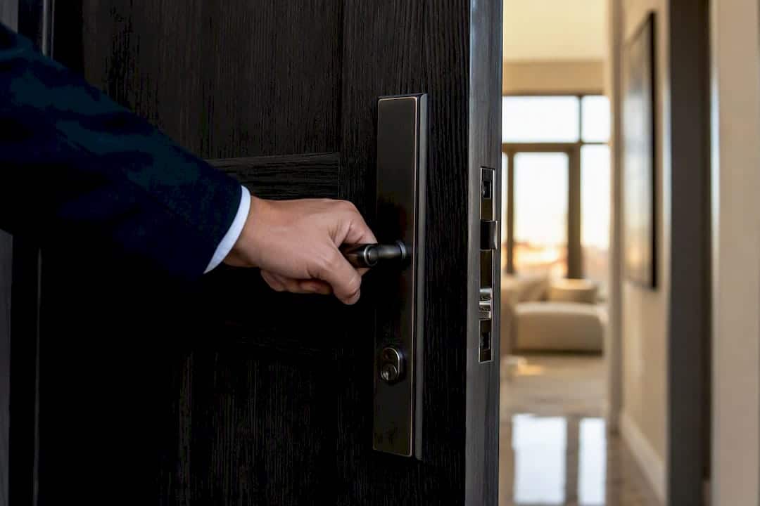 Hands opening front door for private showing