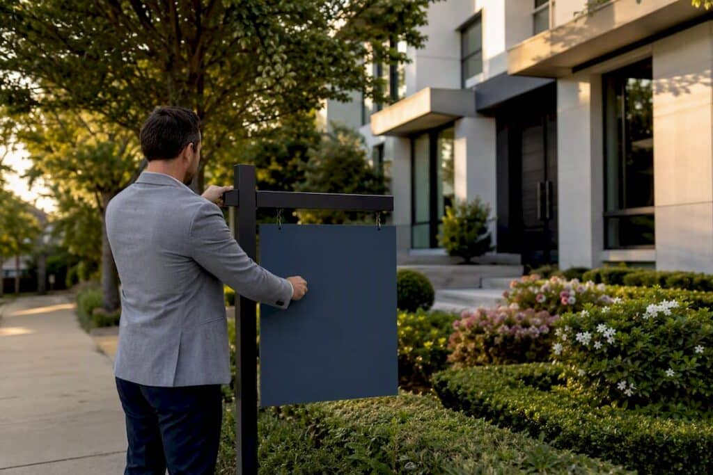 Agent placing luxury home for sale sign