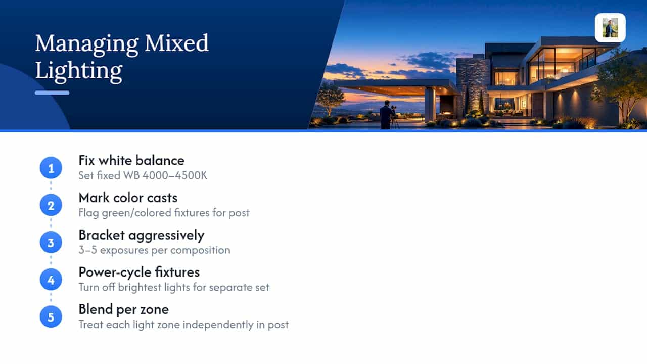 Diagram of mixed lighting types in twilight real estate photography