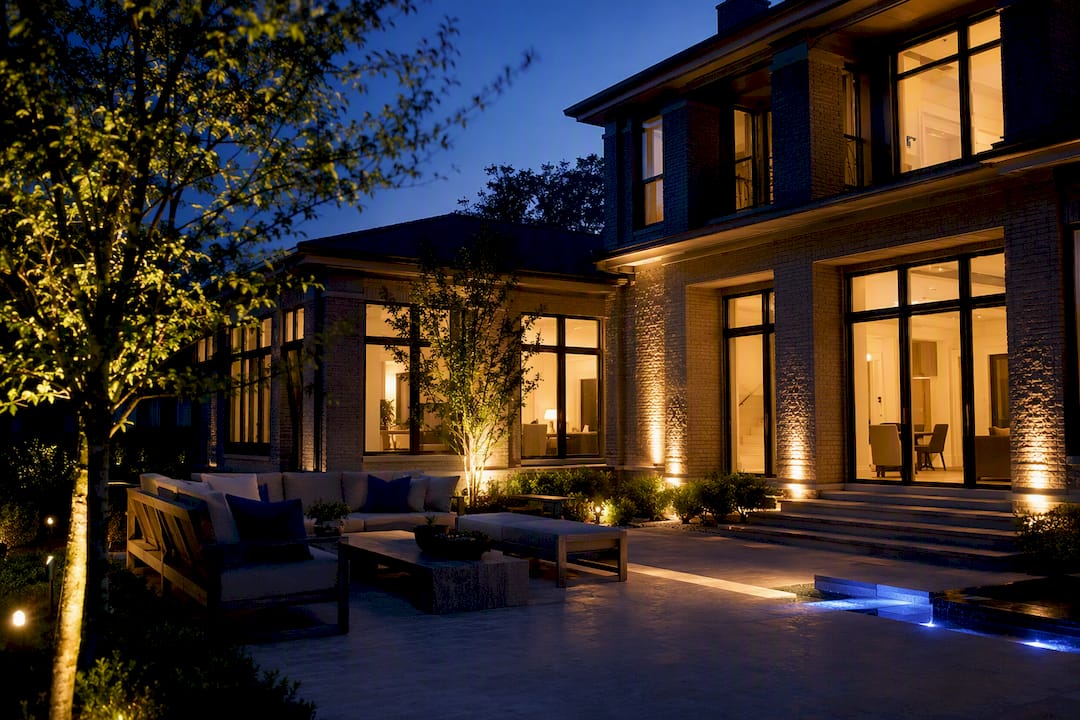Mixed lighting on luxury home at twilight