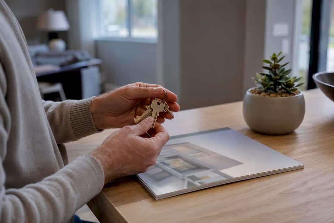 Hands holding house keys with checklist nearby
