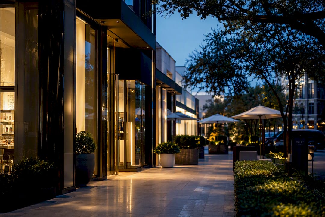 Evening view of River Oaks upscale shopping district
