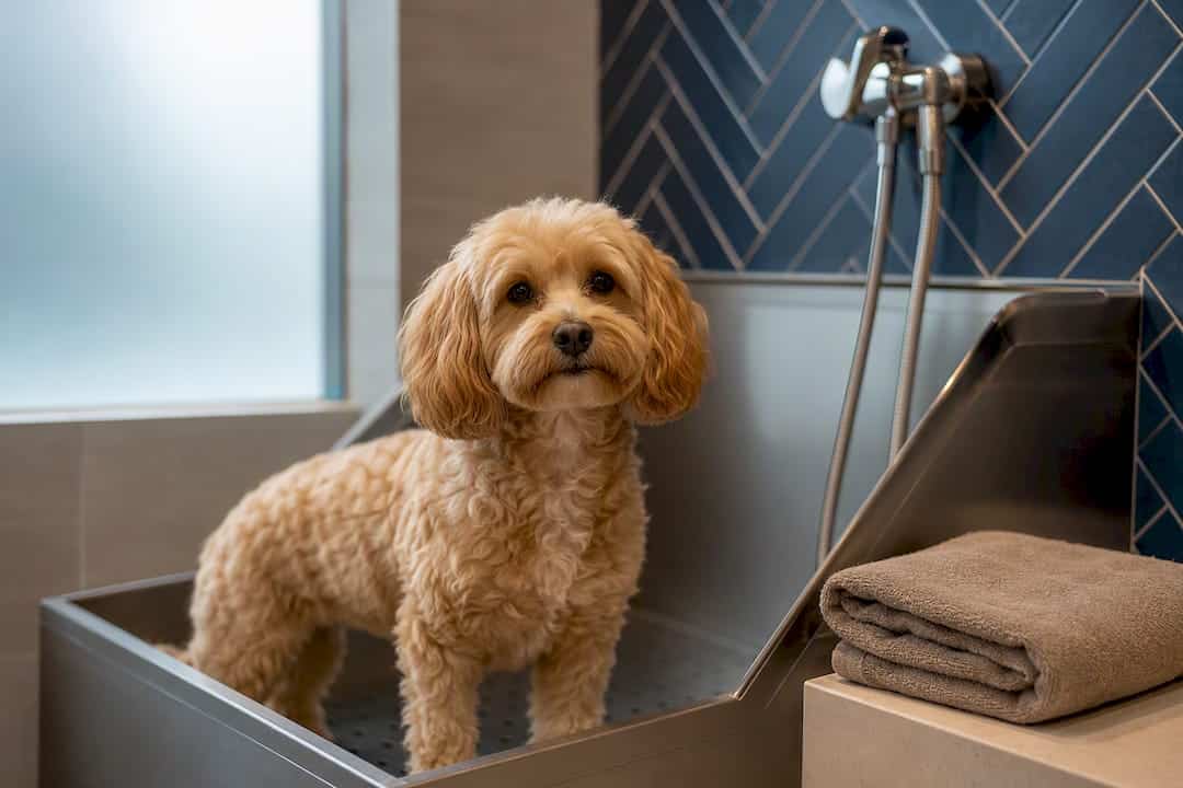 Dog at a high-rise pet washing station