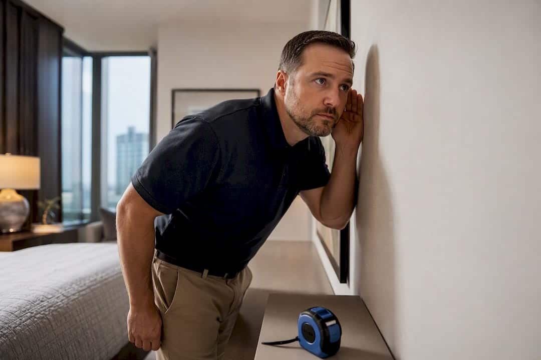 Inspector checking sound through condo wall