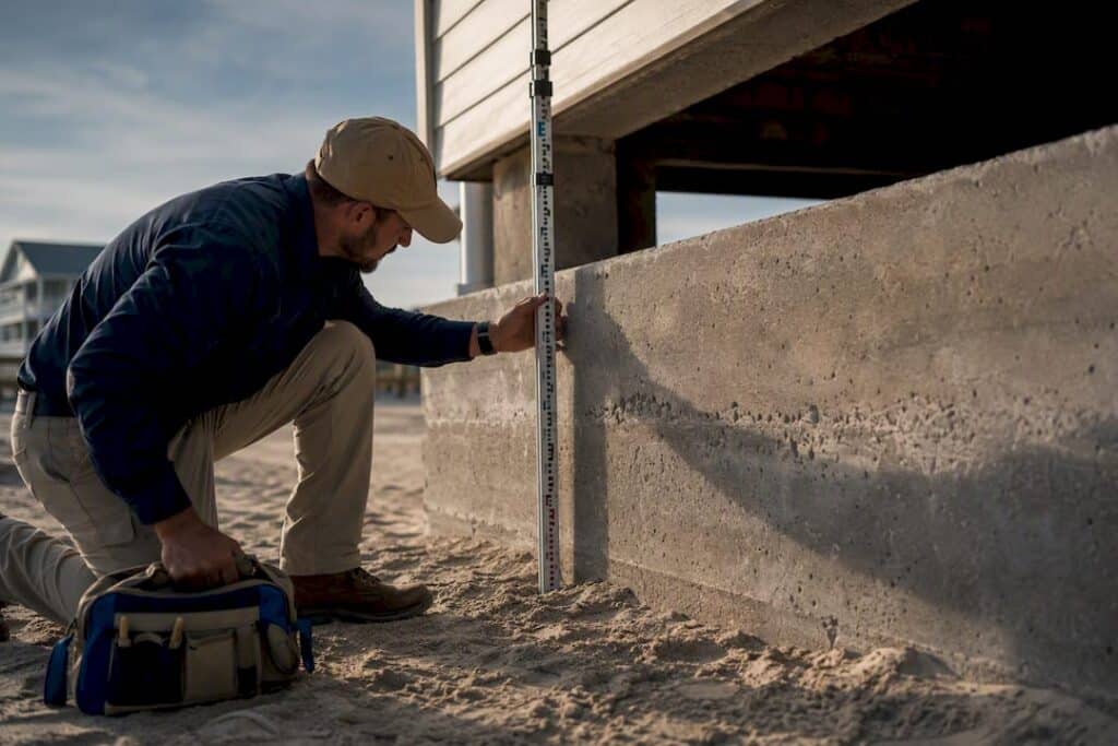Survey rod beside elevated Galveston foundation