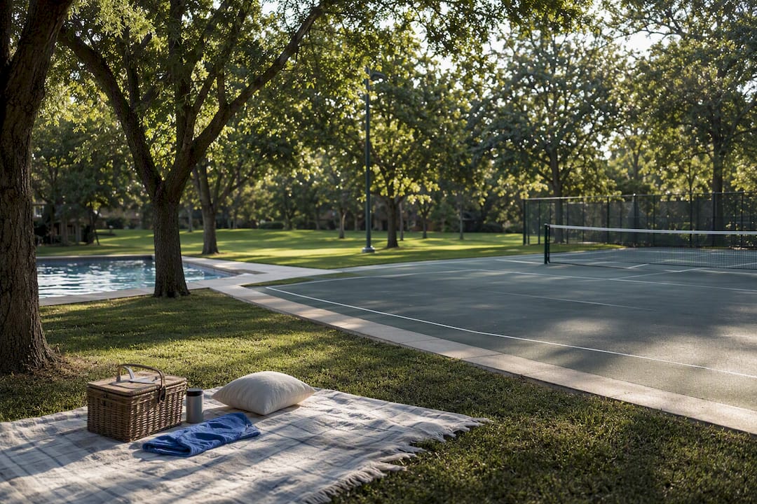 Shaded Colonial Park tennis courts and lawn