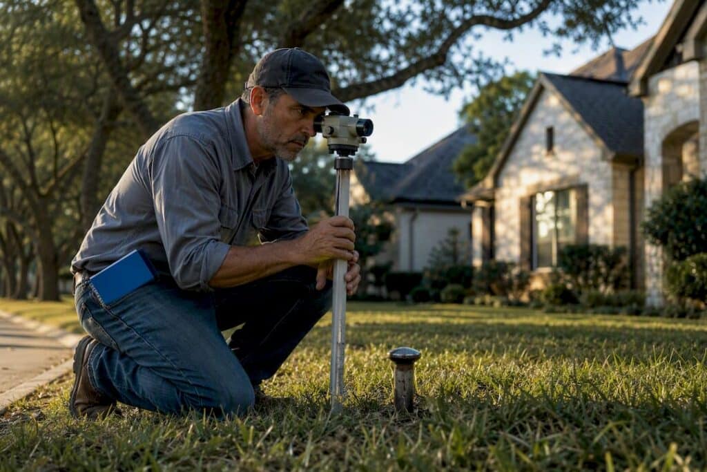 Surveyor checking a Houston property boundary
