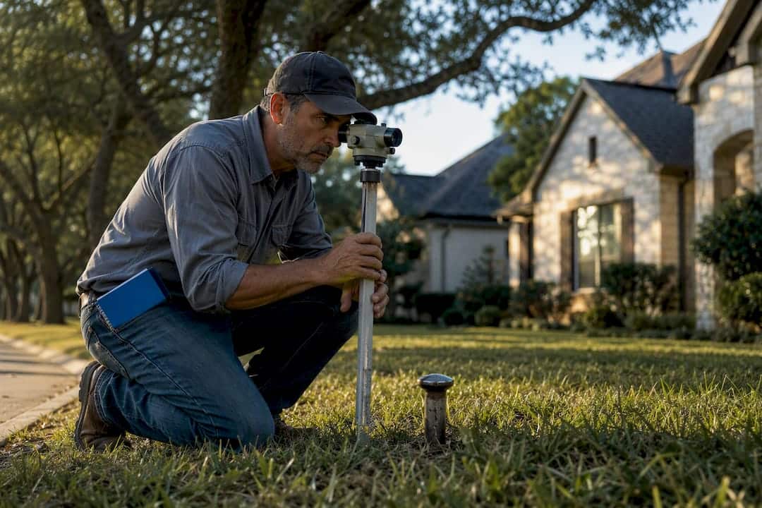Surveyor checking a Houston property boundary