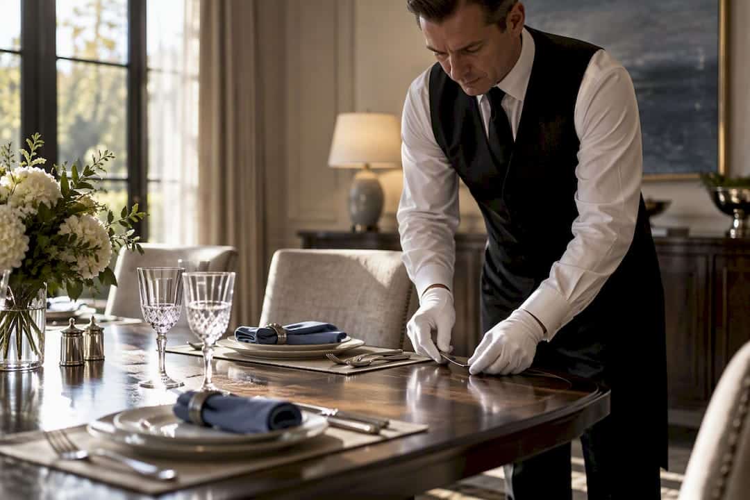 Butler arranging a private dinner setting