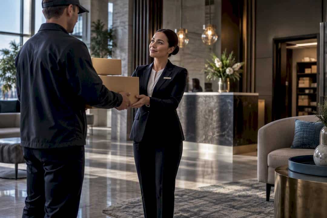 Concierge coordinating delivery in luxury lobby
