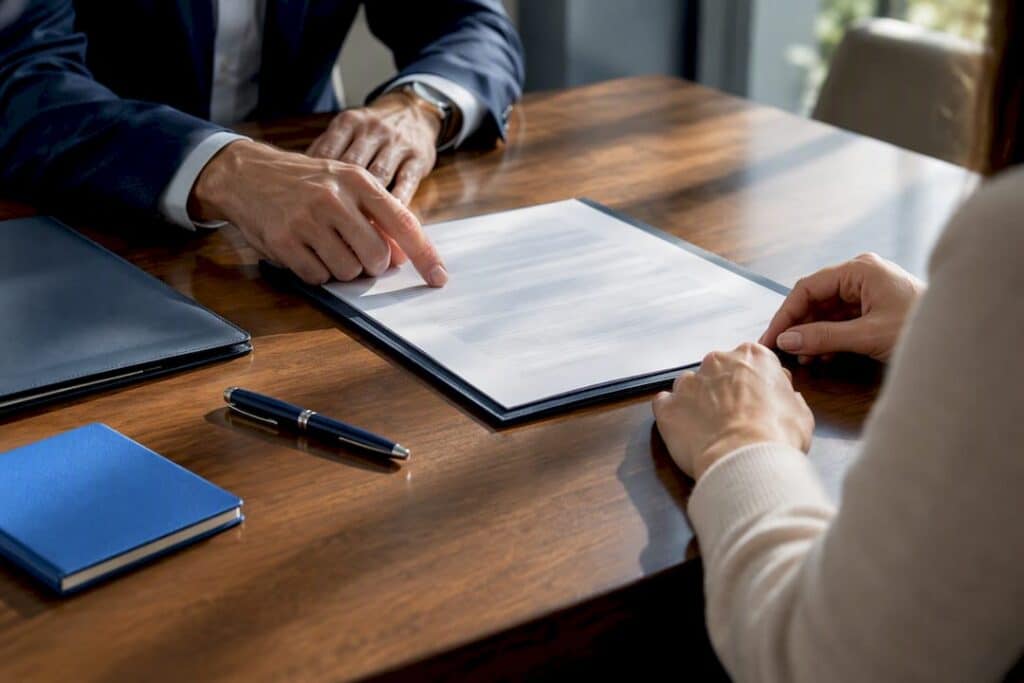 Agent and buyer reviewing real estate contract