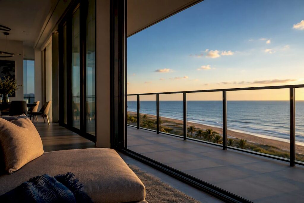 Gulf-facing condo terrace and window wall